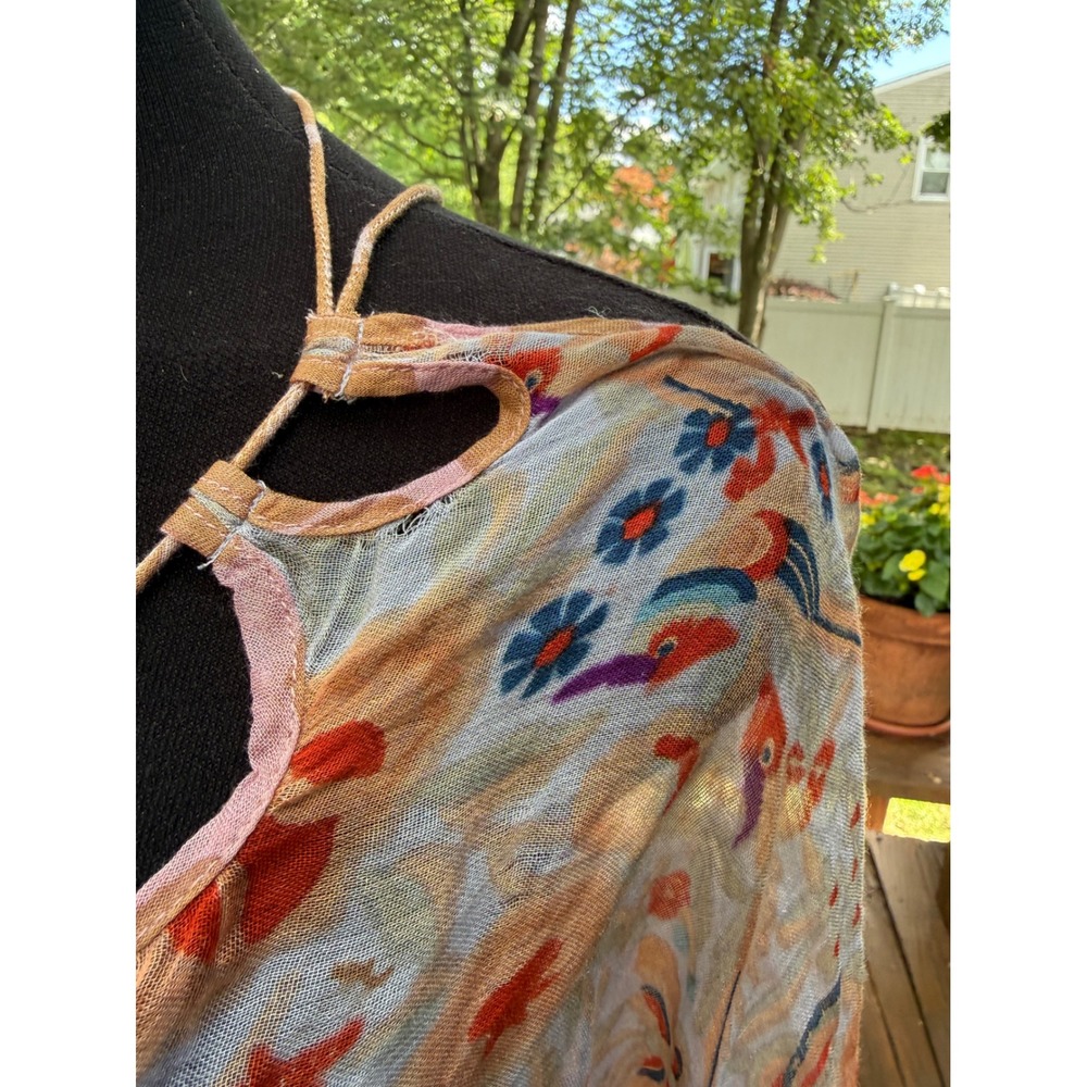 Free People FP One Floral Bird Print Gauze Blouse XS Orange Blue Cold Shoulder - Picture 5 of 7